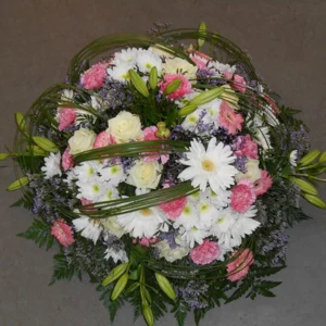 coussin rond blanc et roses